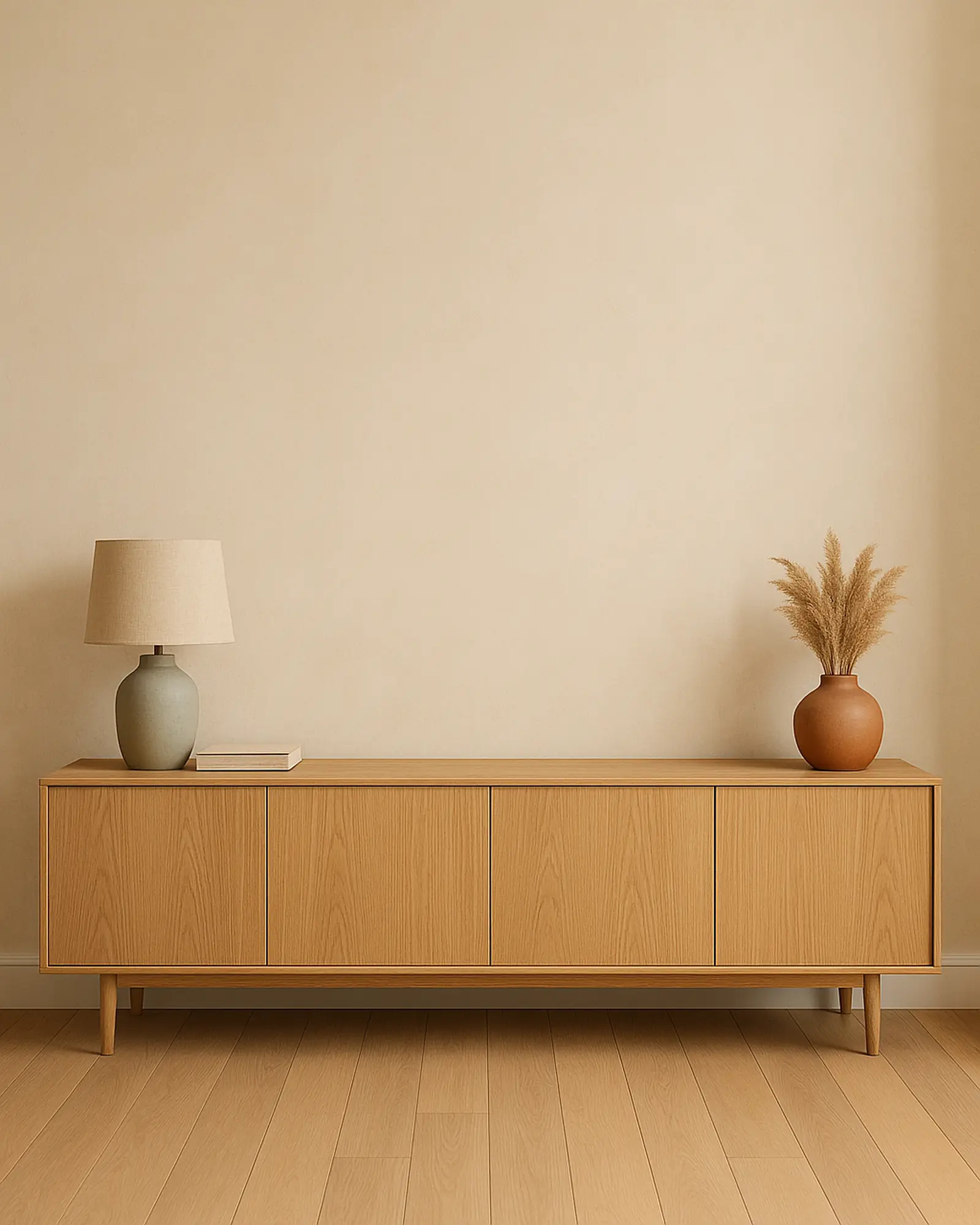 Een lage eiken dressoir tegen een warme kalkmuur, met een keramische tafellamp en een terracotta vaas met pampas. De lamp geeft de poster schaal.