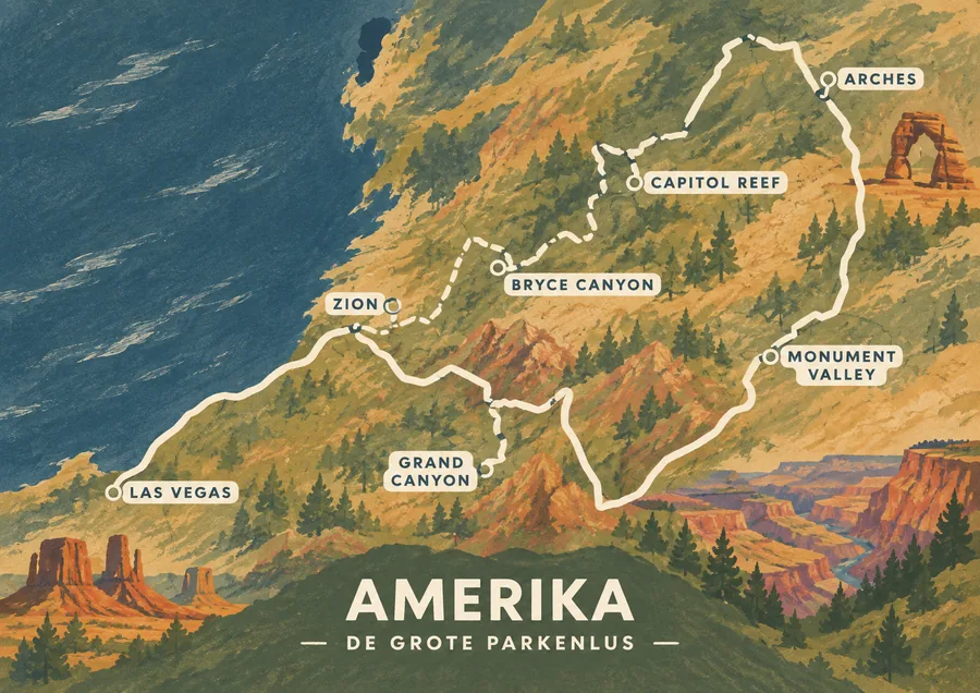 Reisposter van Amerika West, getekend in de stijl Gouache, route de grote parkenlus