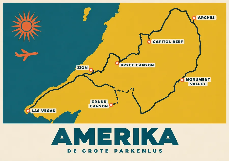 Reisposter van Amerika West, getekend in de stijl Affiche, route de grote parkenlus