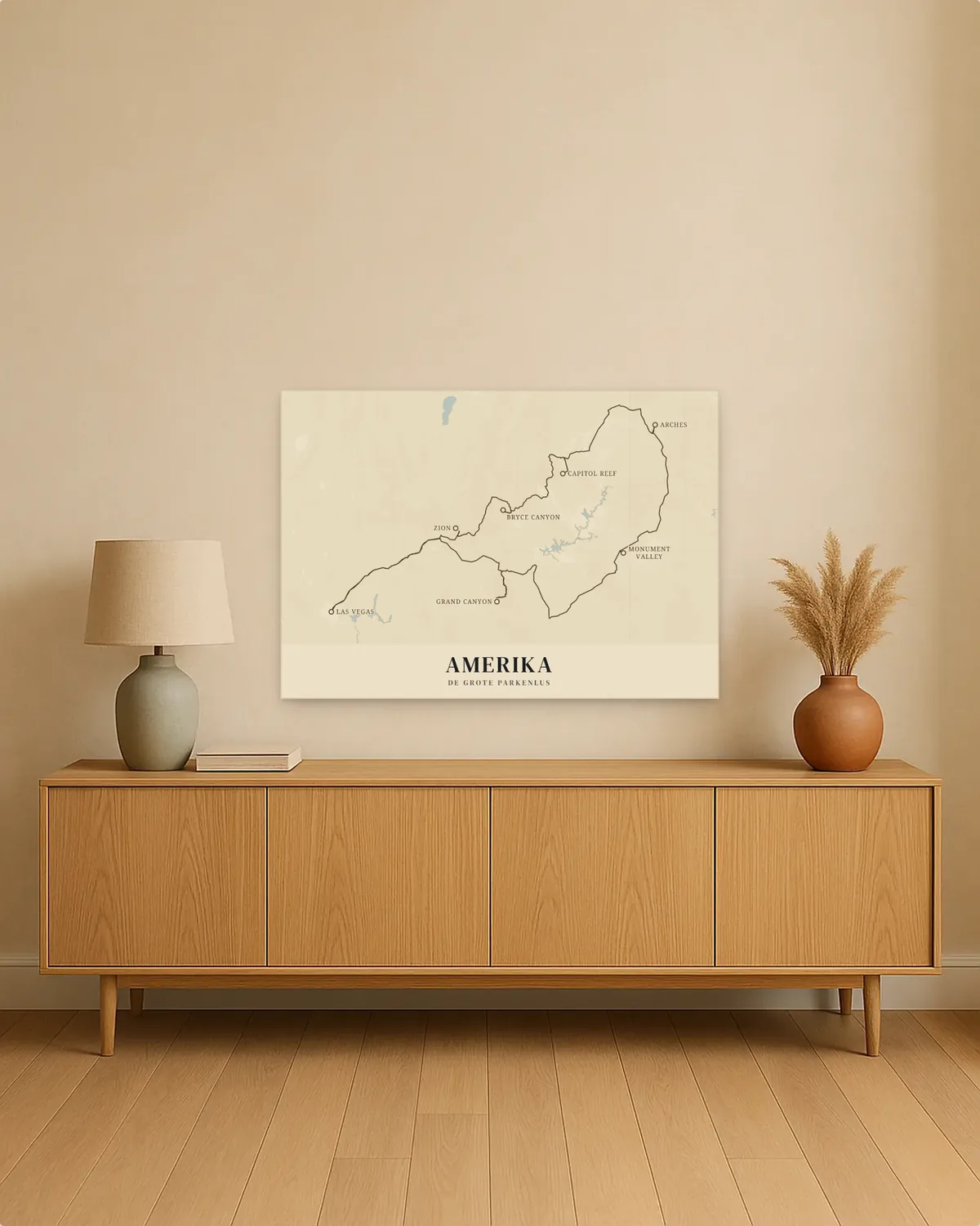 Reisposter van Amerika West aan de muur, met de route de grote parkenlus