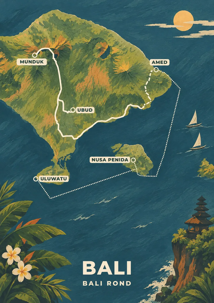 Reisposter van Bali, getekend in de stijl Gouache, route bali rond