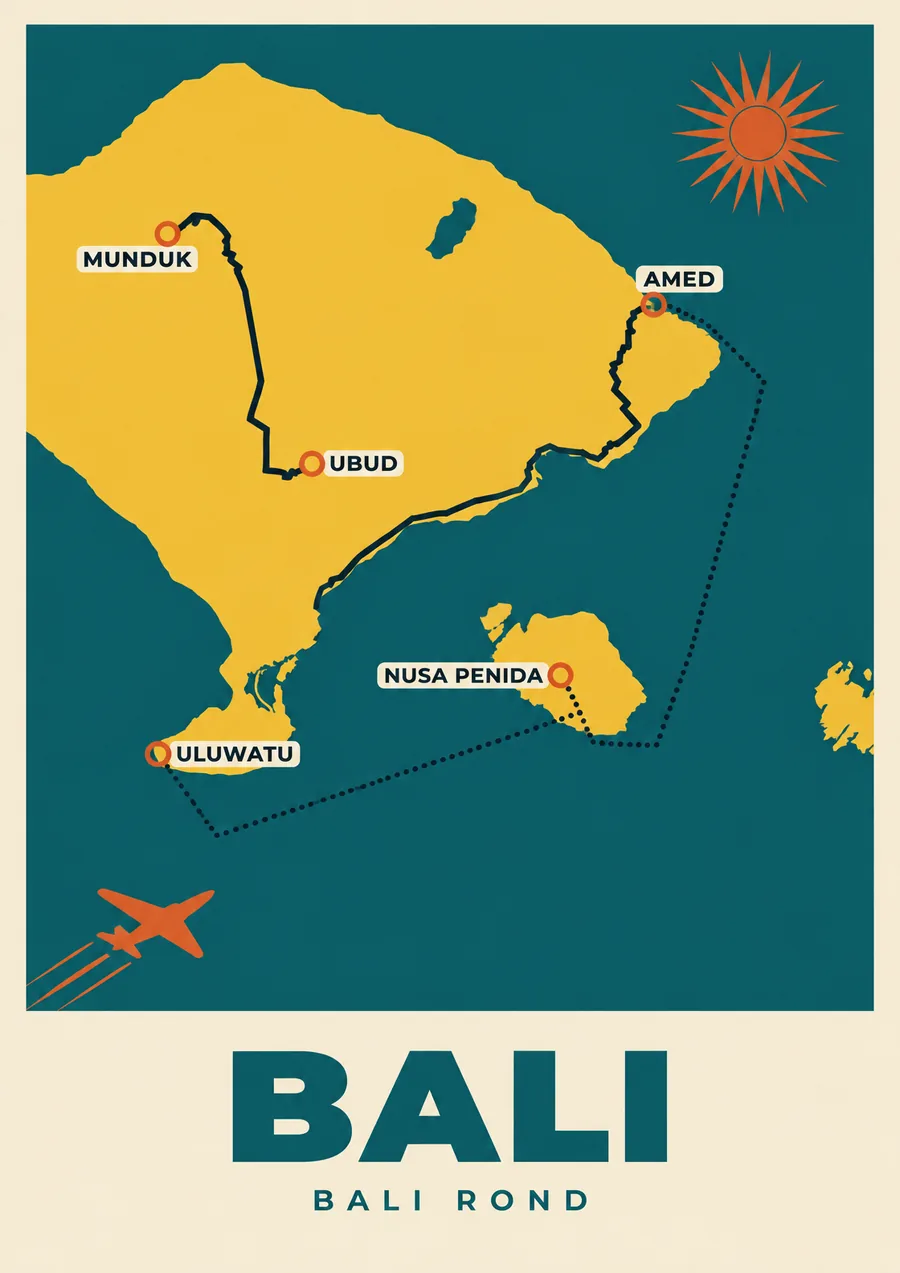 Reisposter van Bali, getekend in de stijl Affiche, route bali rond