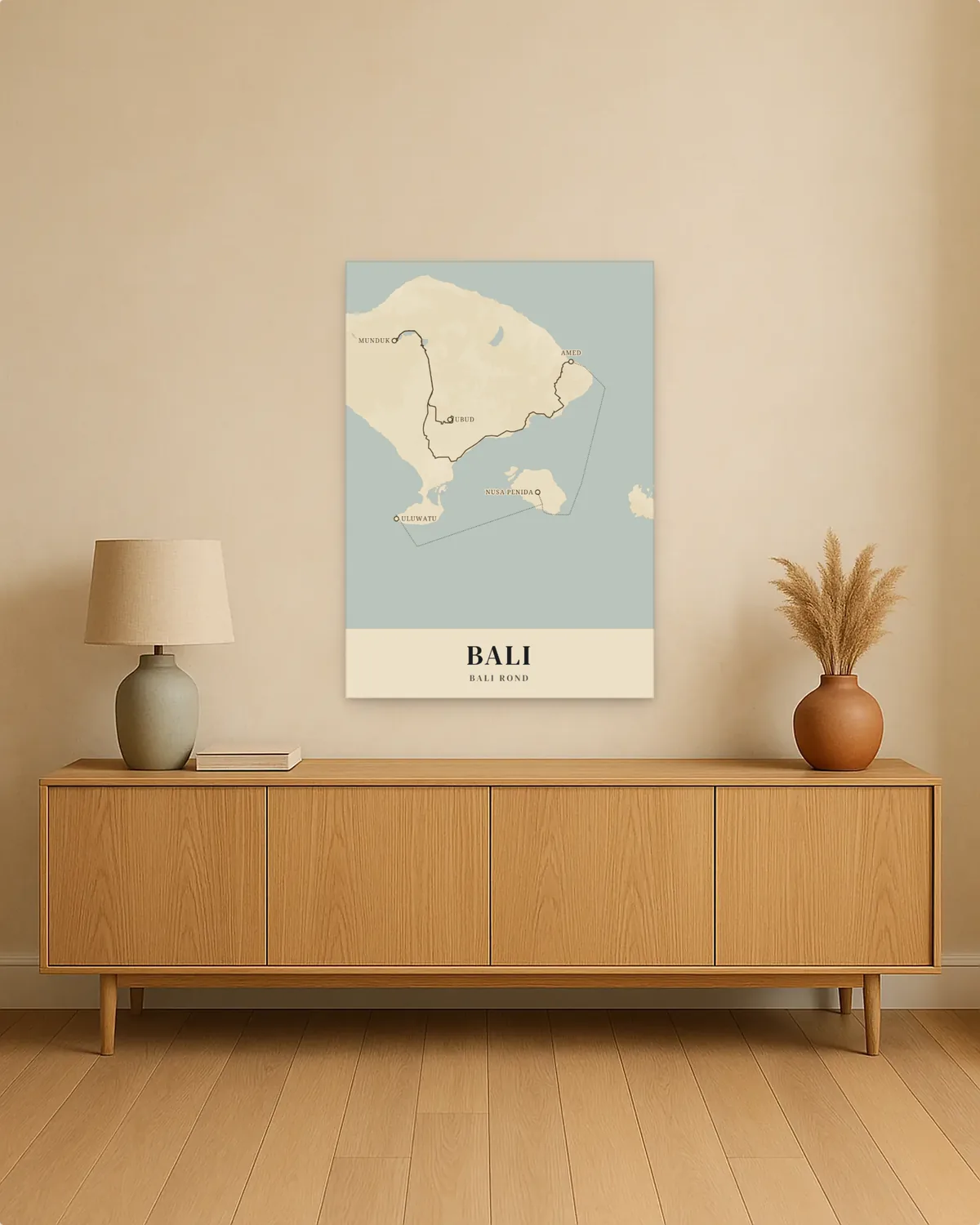 Reisposter van Bali aan de muur, met de route bali rond