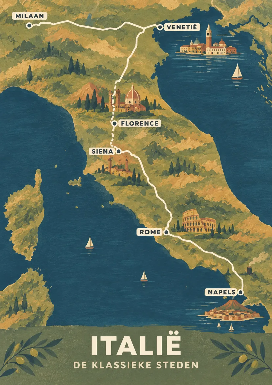 Reisposter van Italië, getekend in de stijl Gouache, route de klassieke steden