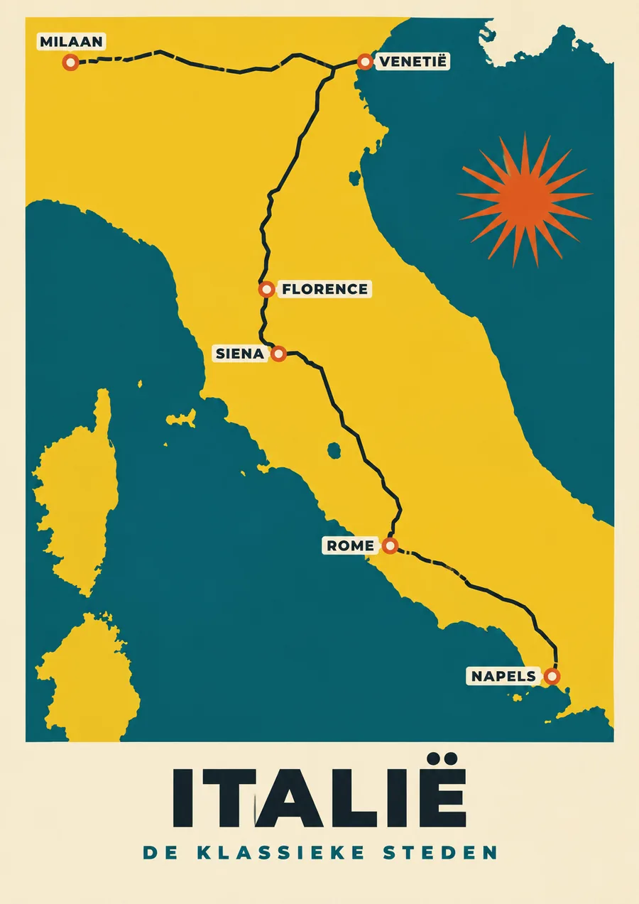 Reisposter van Italië, getekend in de stijl Affiche, route de klassieke steden