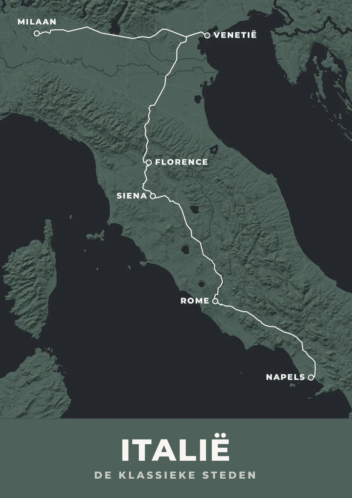 Reisposter van Italië met de route de klassieke steden