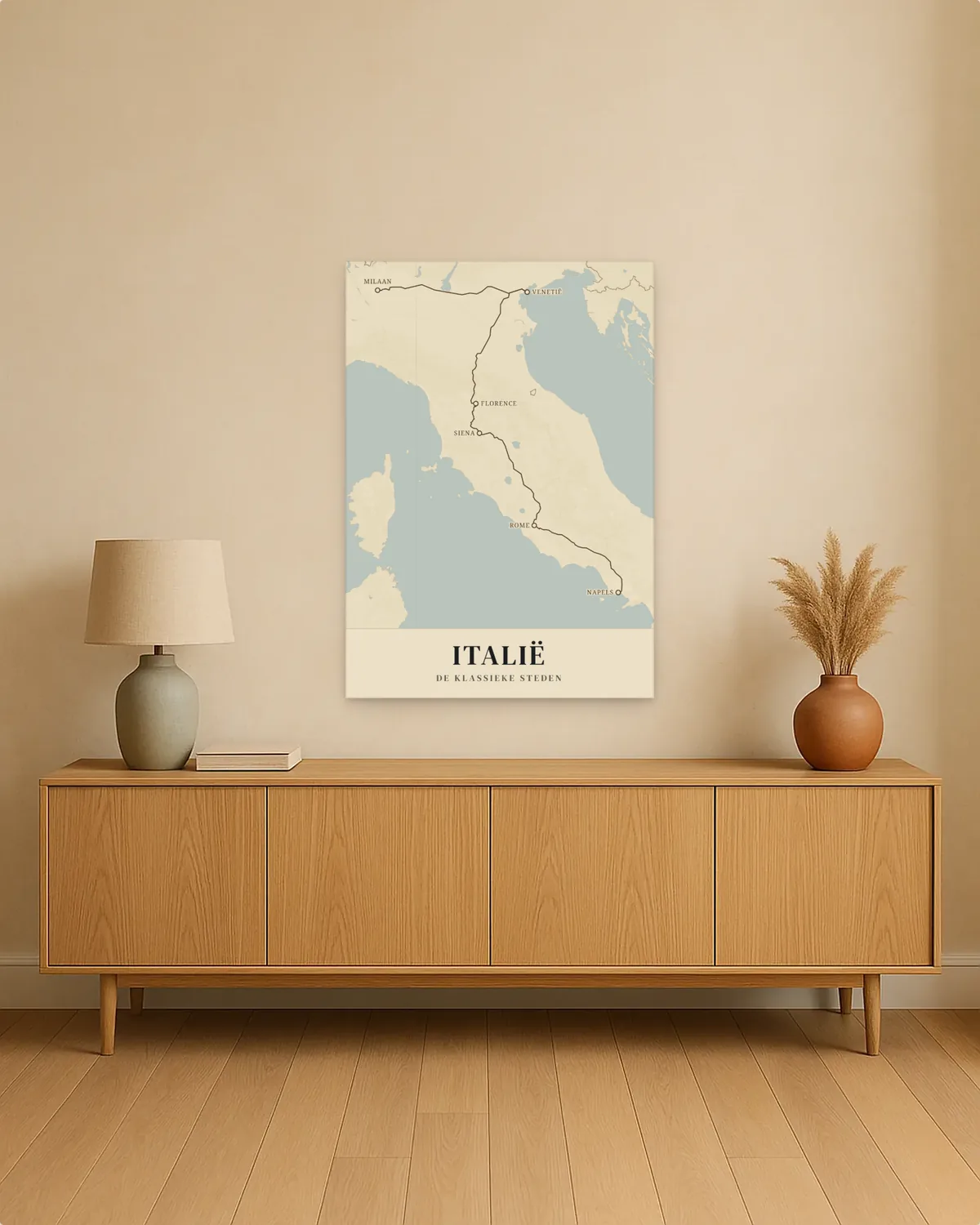 Reisposter van Italië aan de muur, met de route de klassieke steden