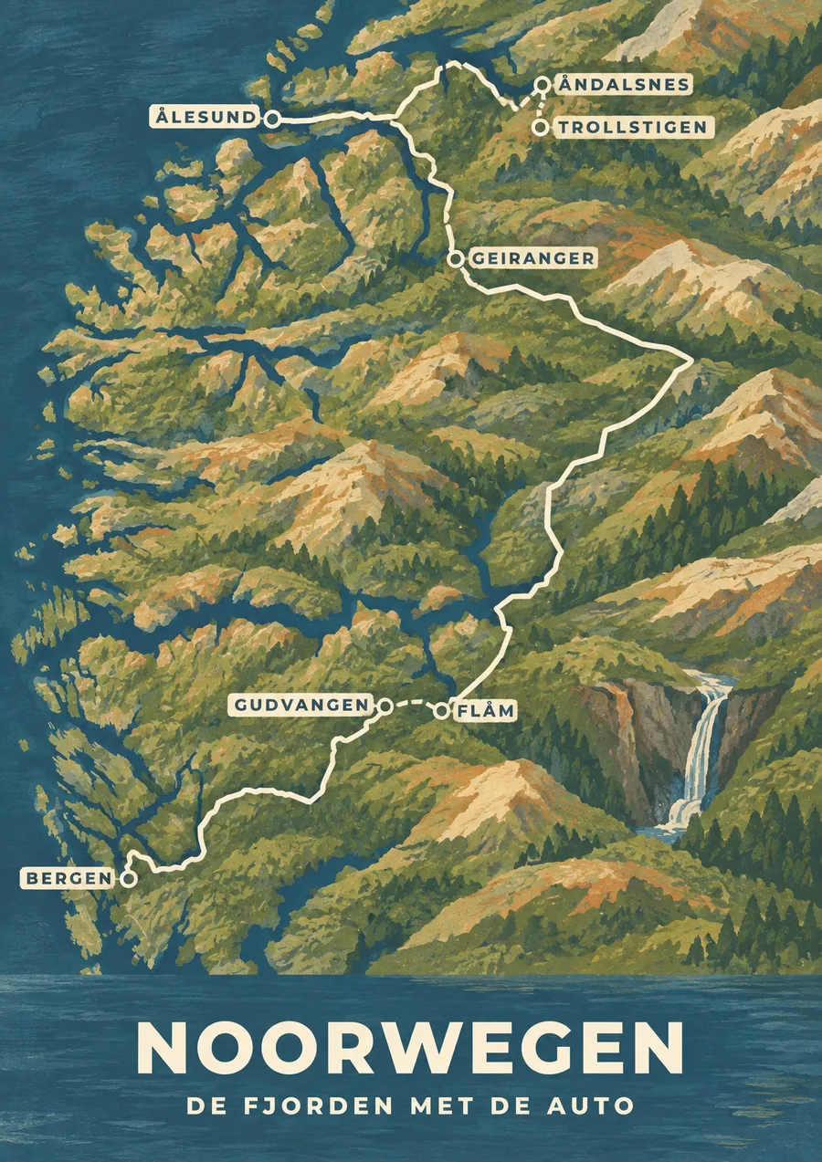 Reisposter van Noorwegen, getekend in de stijl Gouache, route de fjorden met de auto