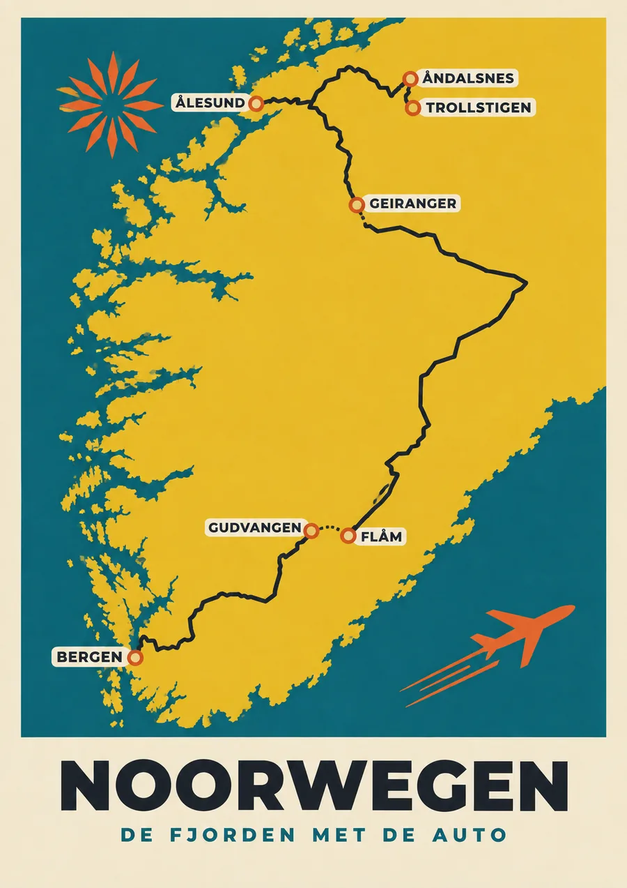 Reisposter van Noorwegen, getekend in de stijl Affiche, route de fjorden met de auto