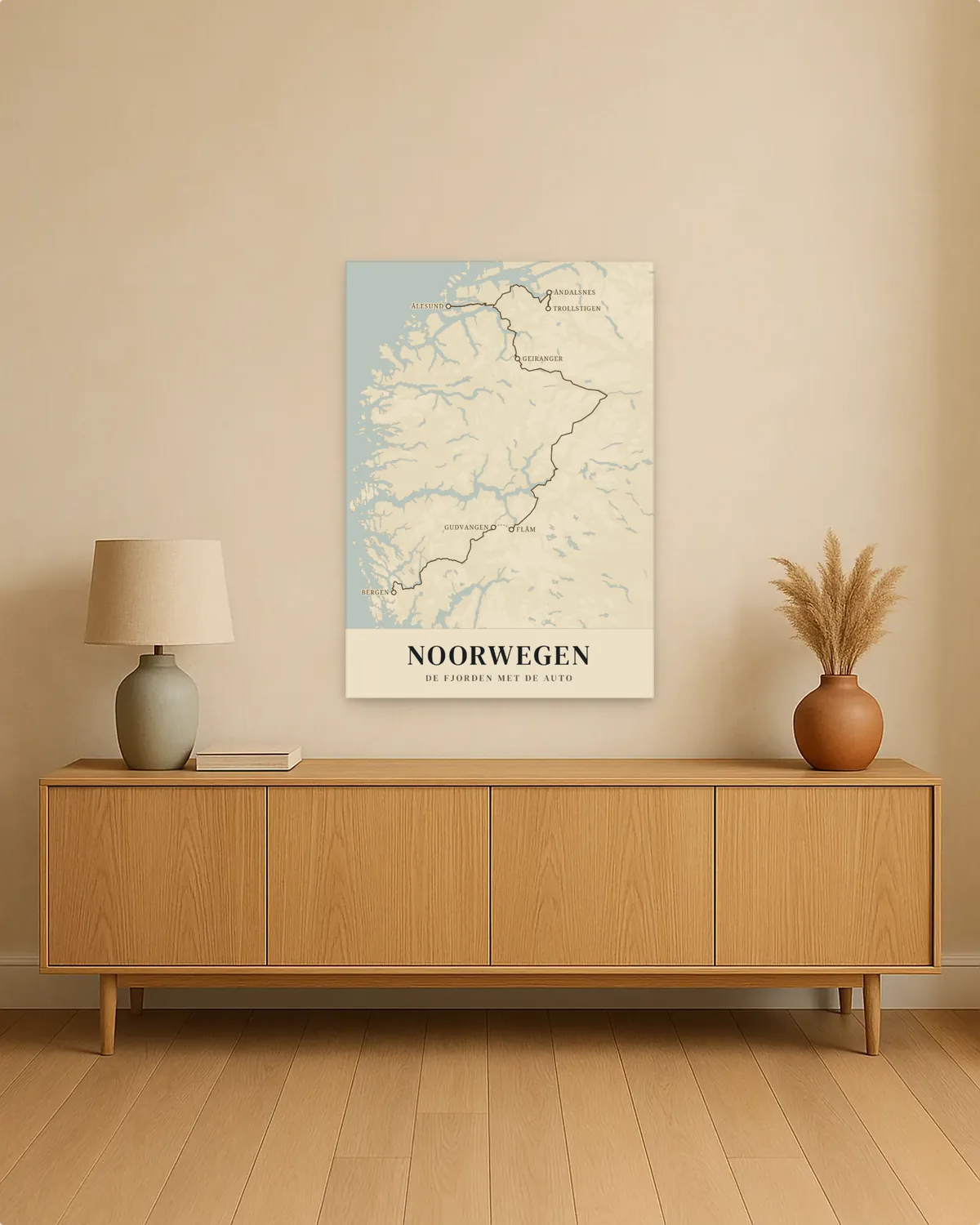 Reisposter van Noorwegen aan de muur, met de route de fjorden met de auto
