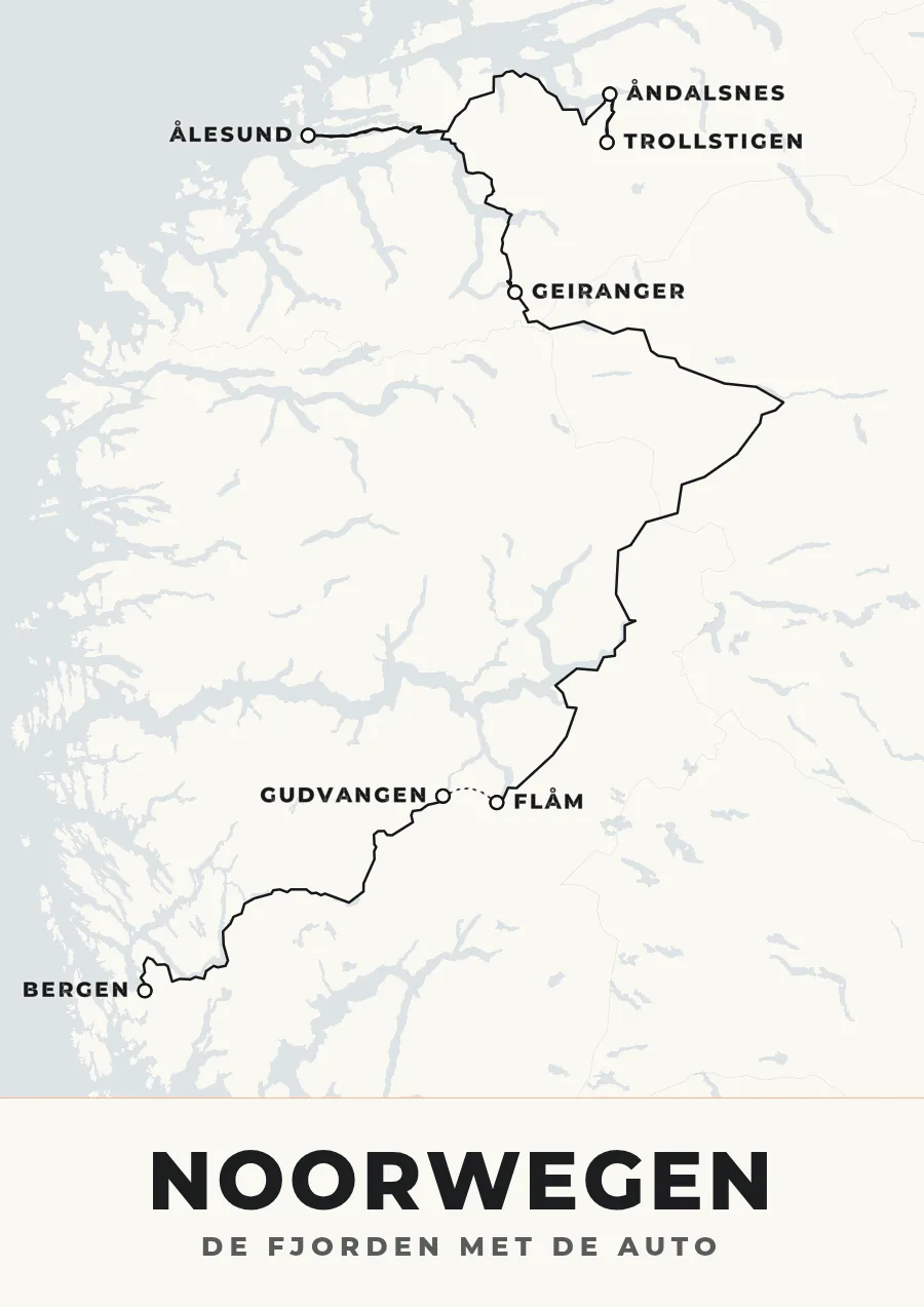 Reisposter van Noorwegen in de stijl Bold Grafisch, route de fjorden met de auto