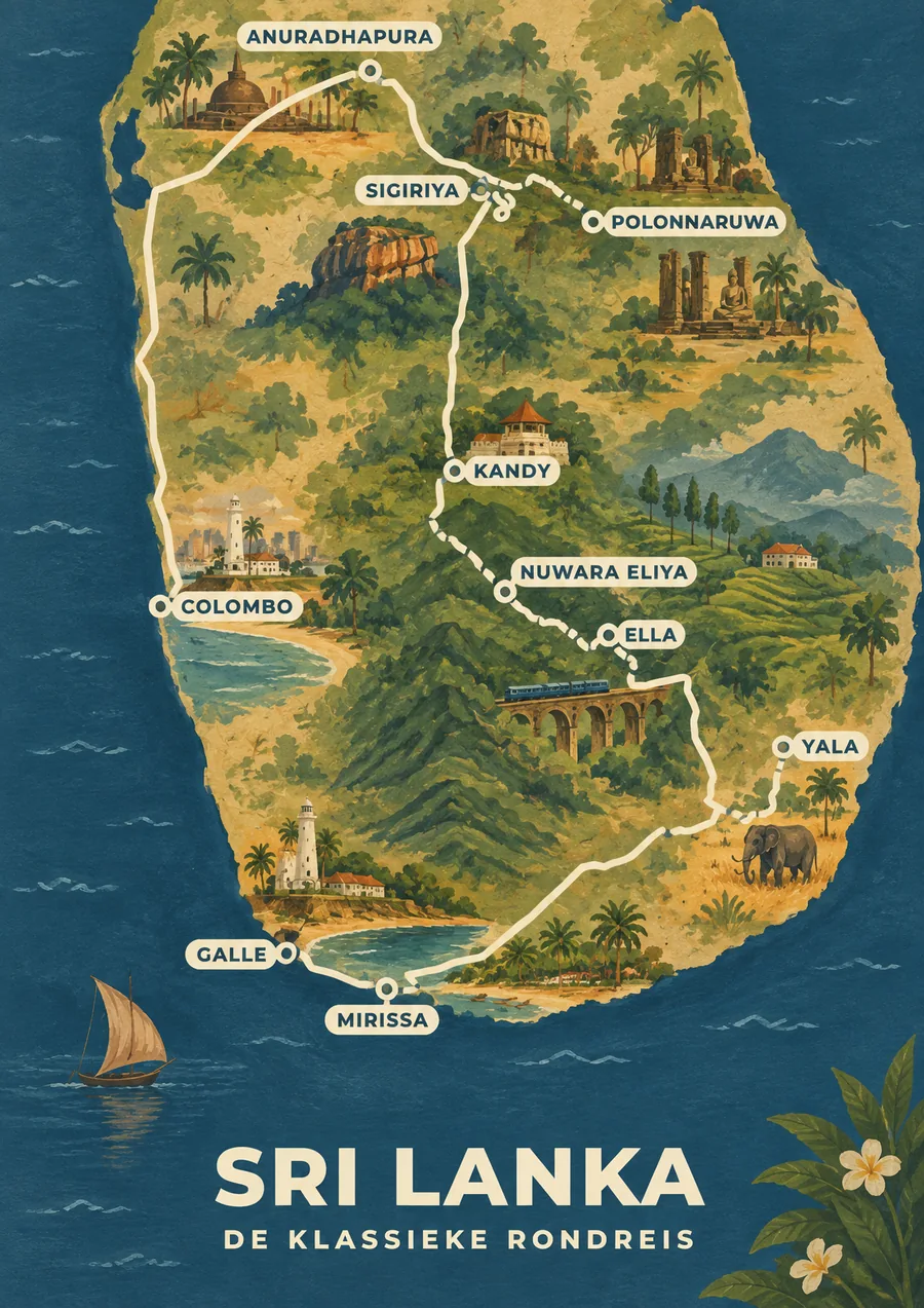 Reisposter van Sri Lanka, getekend in de stijl Gouache, route de klassieke rondreis