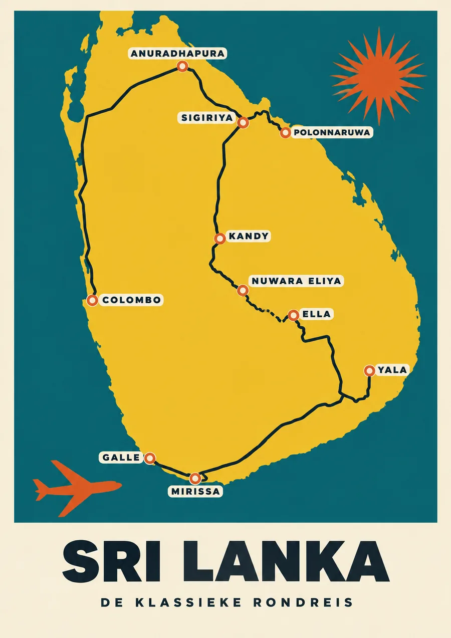 Reisposter van Sri Lanka, getekend in de stijl Affiche, route de klassieke rondreis