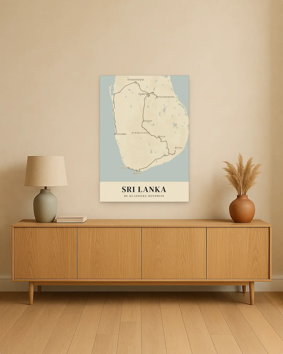 Reisposter van Sri Lanka aan de muur, met de route de klassieke rondreis