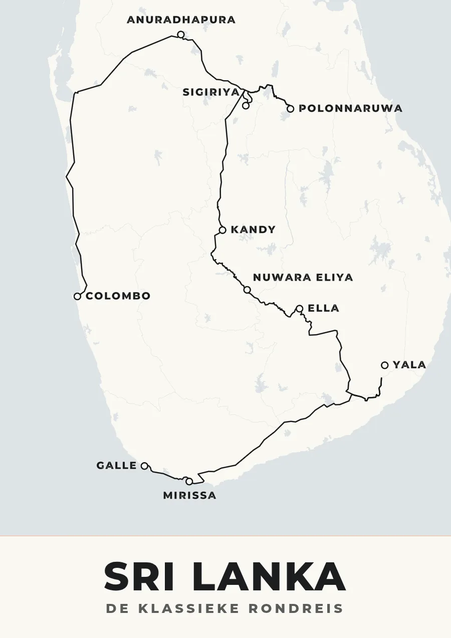 Reisposter van Sri Lanka in de stijl Bold Grafisch, route de klassieke rondreis