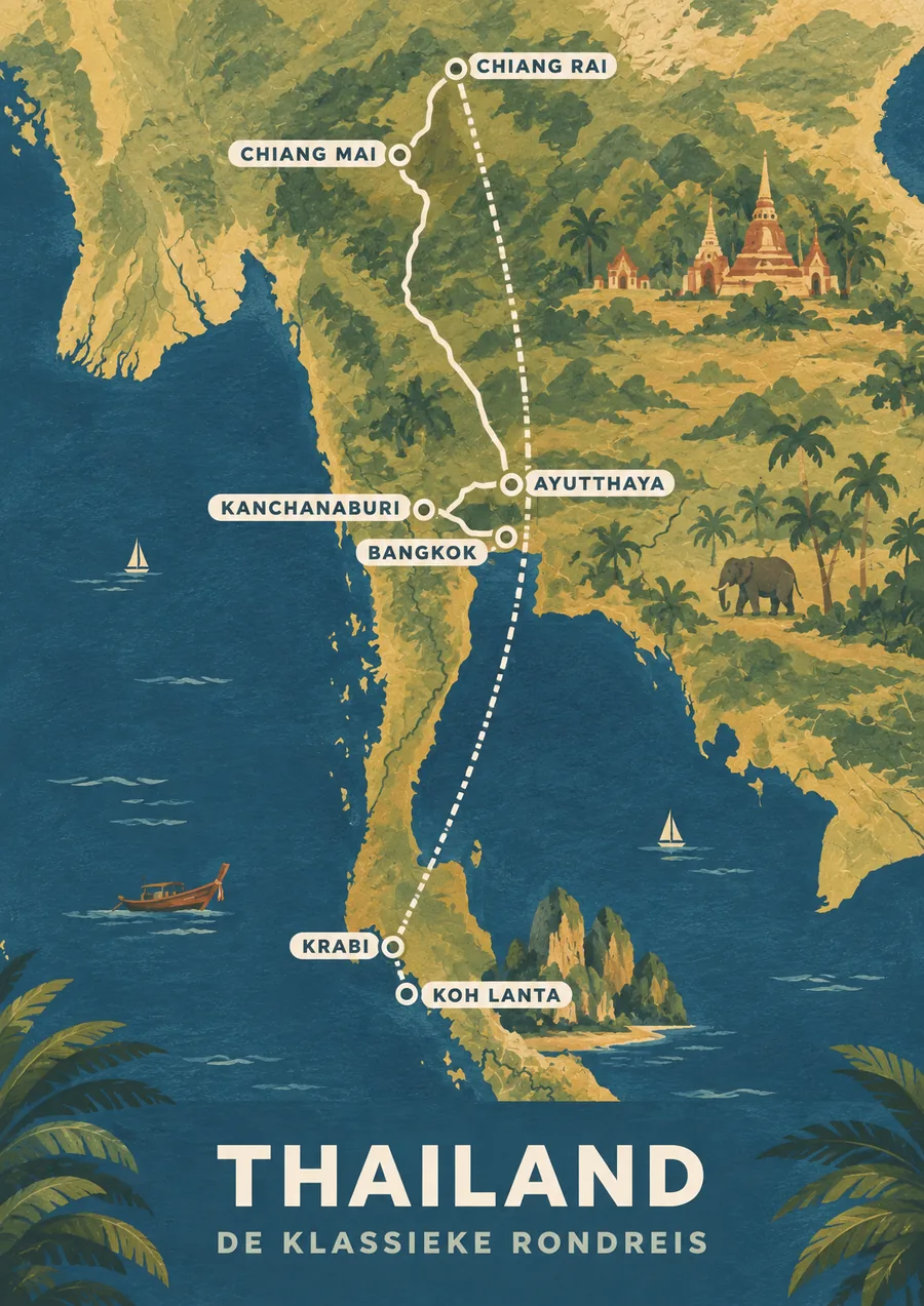 Reisposter van Thailand, getekend in de stijl Gouache, route de klassieke rondreis