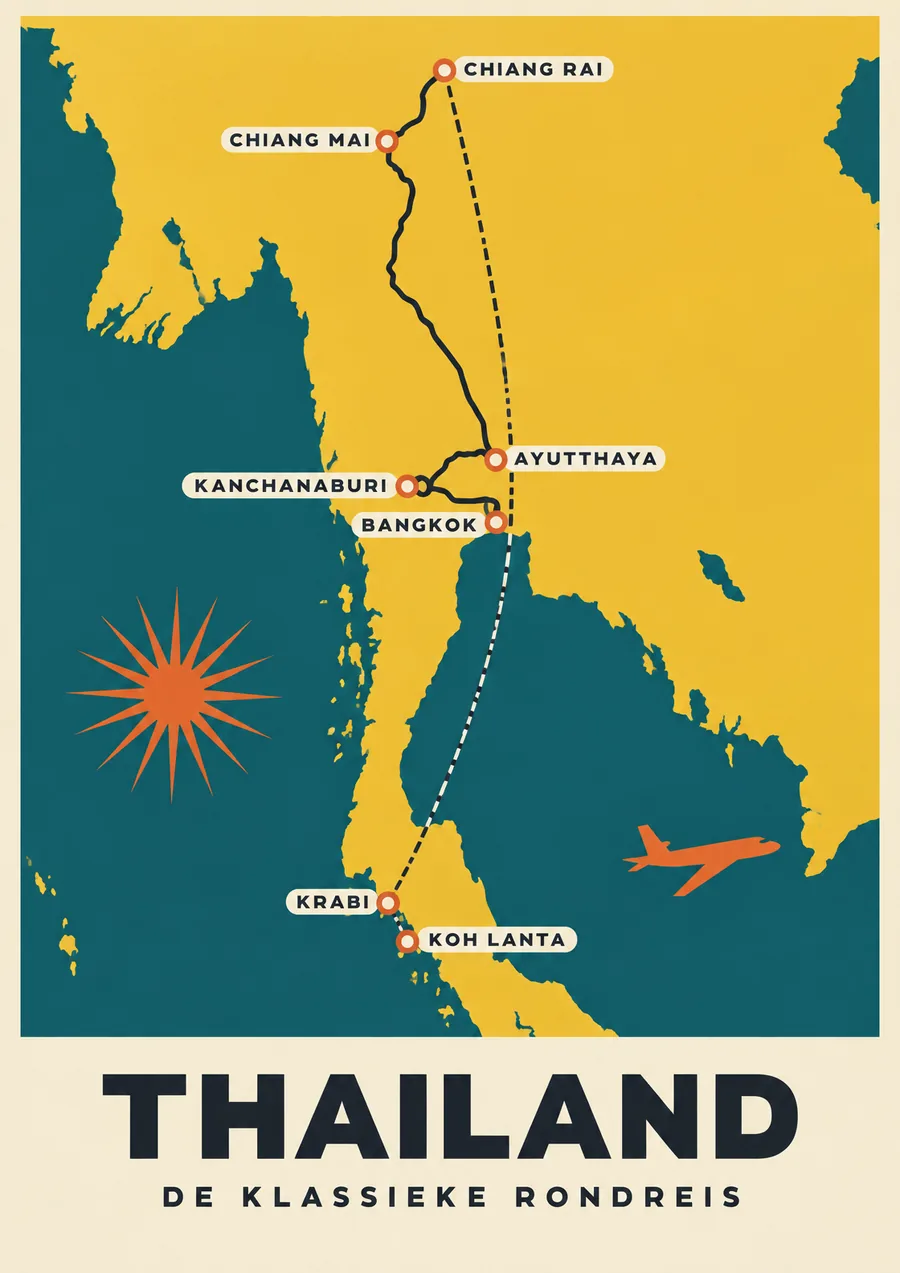 Reisposter van Thailand, getekend in de stijl Affiche, route de klassieke rondreis