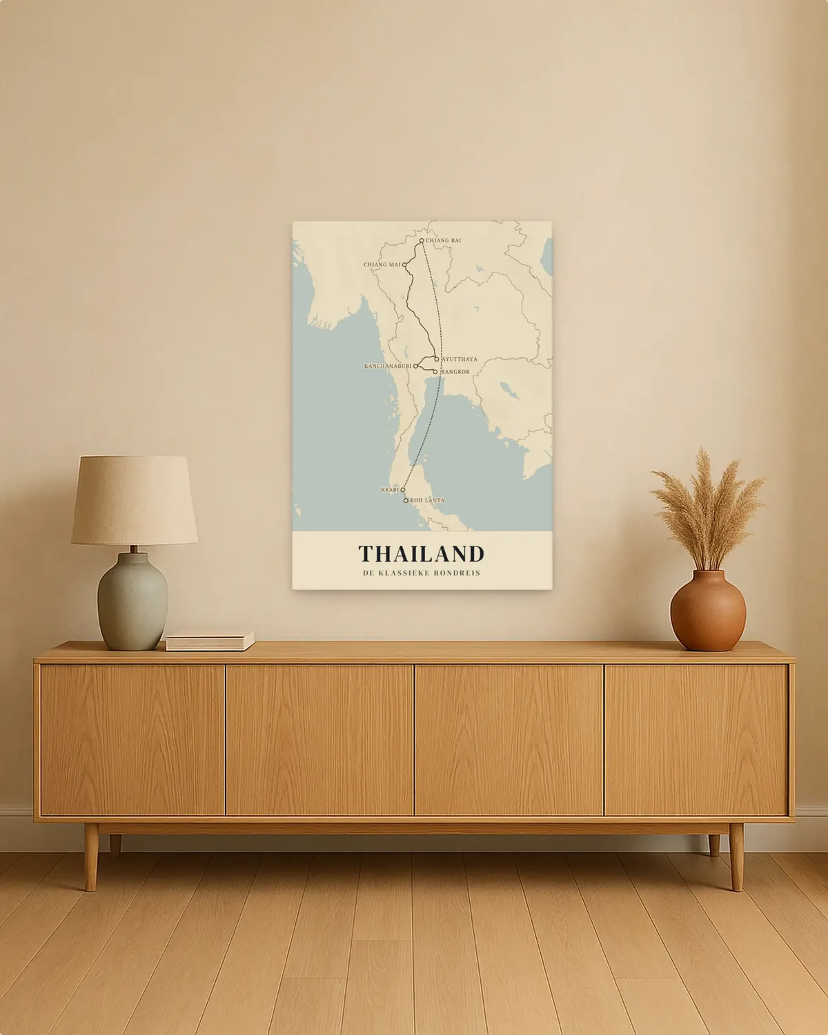 Reisposter van Thailand aan de muur, met de route de klassieke rondreis
