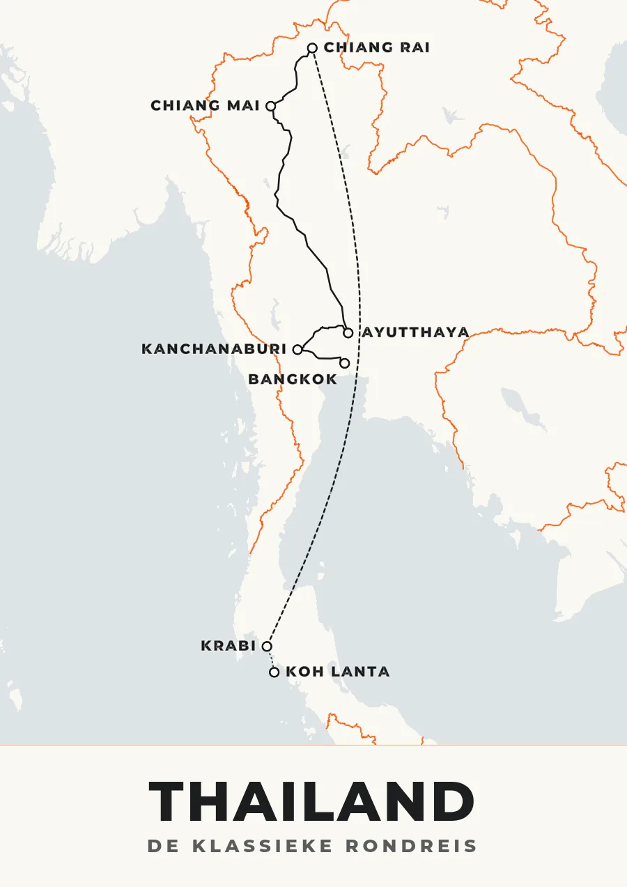 Reisposter van Thailand in de stijl Bold Grafisch, route de klassieke rondreis
