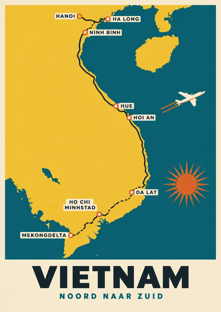 Reisposter van Vietnam, getekend in de stijl Affiche, route noord naar zuid