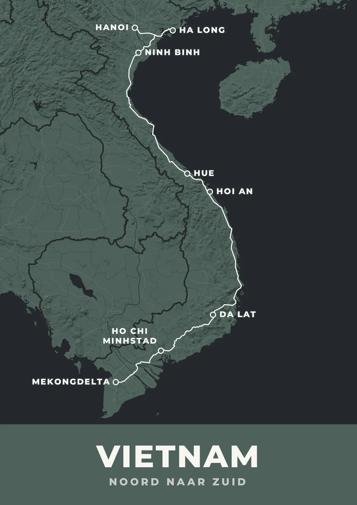 Reisposter van Vietnam met de route noord naar zuid