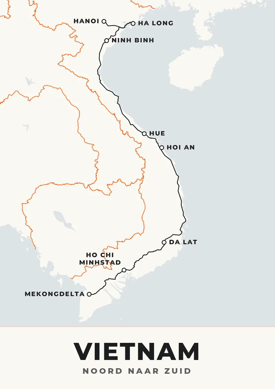 Reisposter van Vietnam in de stijl Bold Grafisch, route noord naar zuid