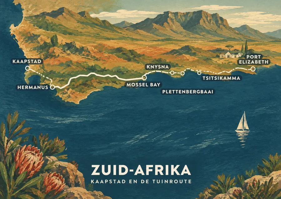 Reisposter van Zuid-Afrika, getekend in de stijl Gouache, route kaapstad en de tuinroute