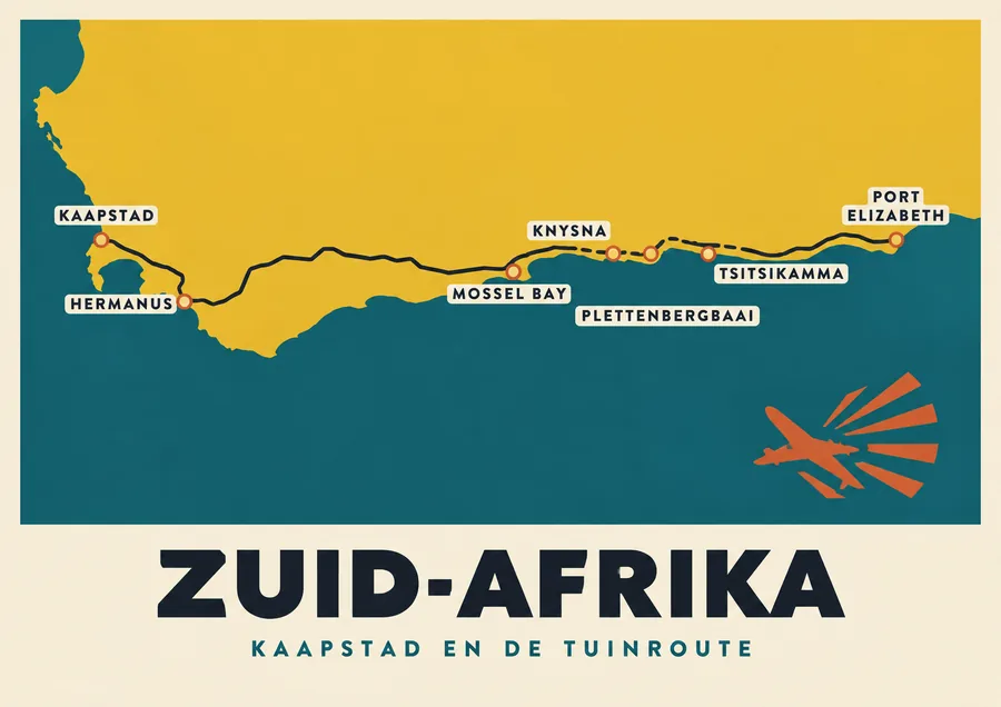 Reisposter van Zuid-Afrika, getekend in de stijl Affiche, route kaapstad en de tuinroute