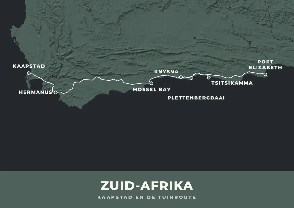 Reisposter van Zuid-Afrika met de route kaapstad en de tuinroute