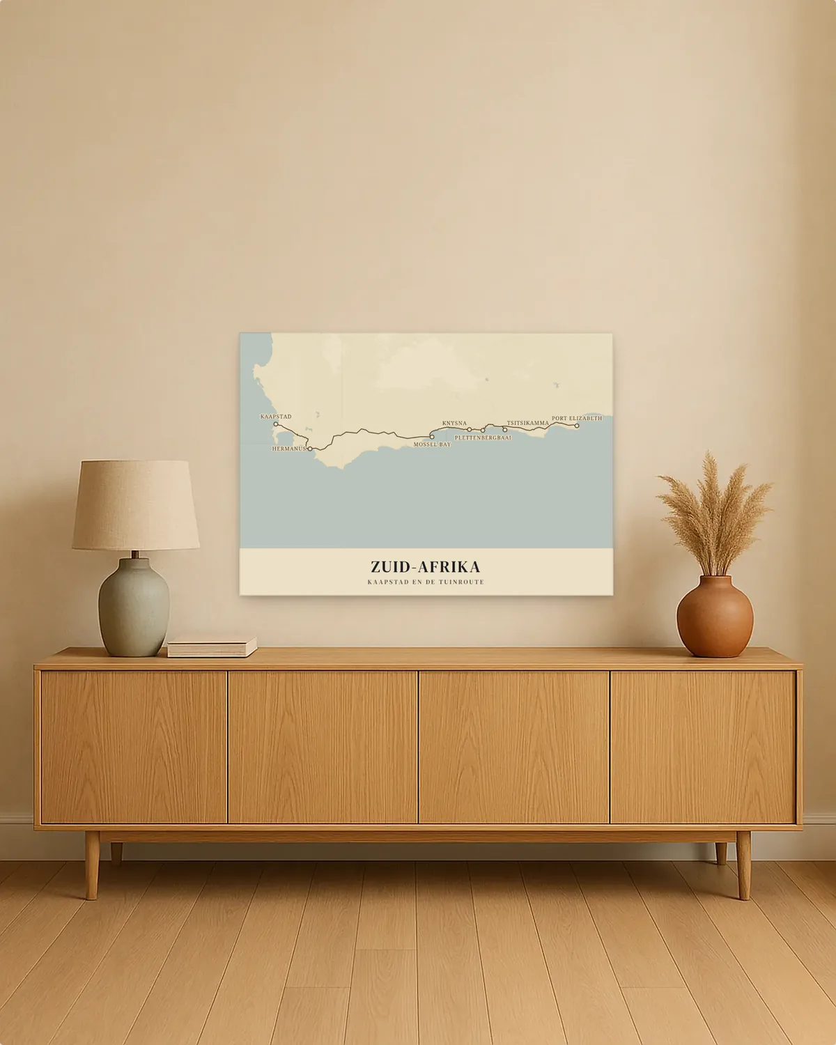 Reisposter van Zuid-Afrika aan de muur, met de route kaapstad en de tuinroute