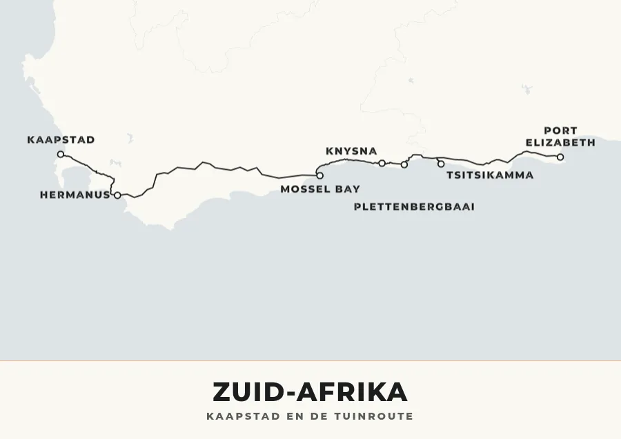 Reisposter van Zuid-Afrika in de stijl Bold Grafisch, route kaapstad en de tuinroute
