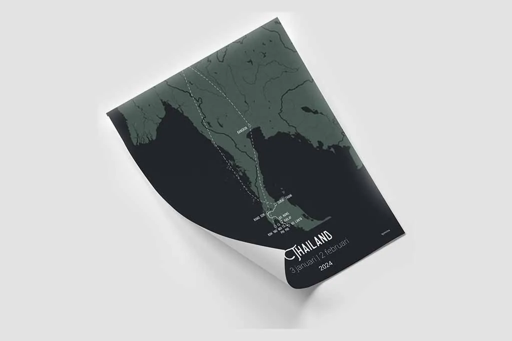 Losse posterprint van Thailand, met een omkrullende hoek op een lichte ondergrond