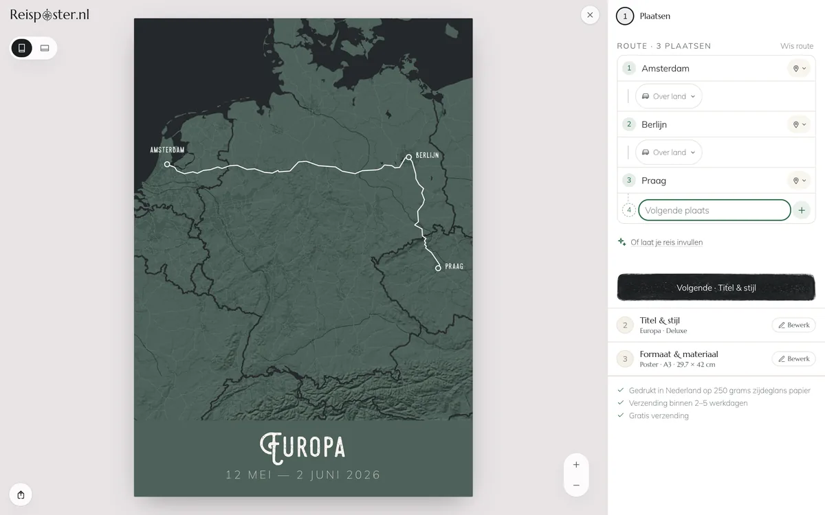 De ontwerptool met de eerste drie plaatsen van een reis in de lijst, en het zoekveld eronder klaar voor de volgende