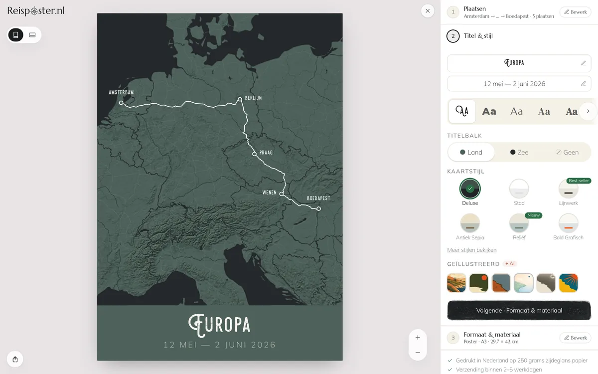 De ontwerptool met de route getekend over Europa en het keuzemenu voor de kaartstijl open