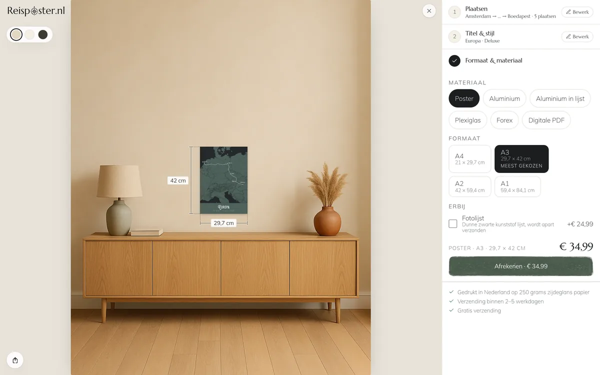 De ontwerptool met de poster op ware grootte en de formaatkeuze ernaast