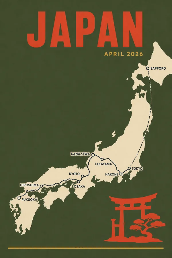 Reisposter van Japan in de stijl Knipkunst, route van Sapporo via Tokyo en Kyoto naar Fukuoka