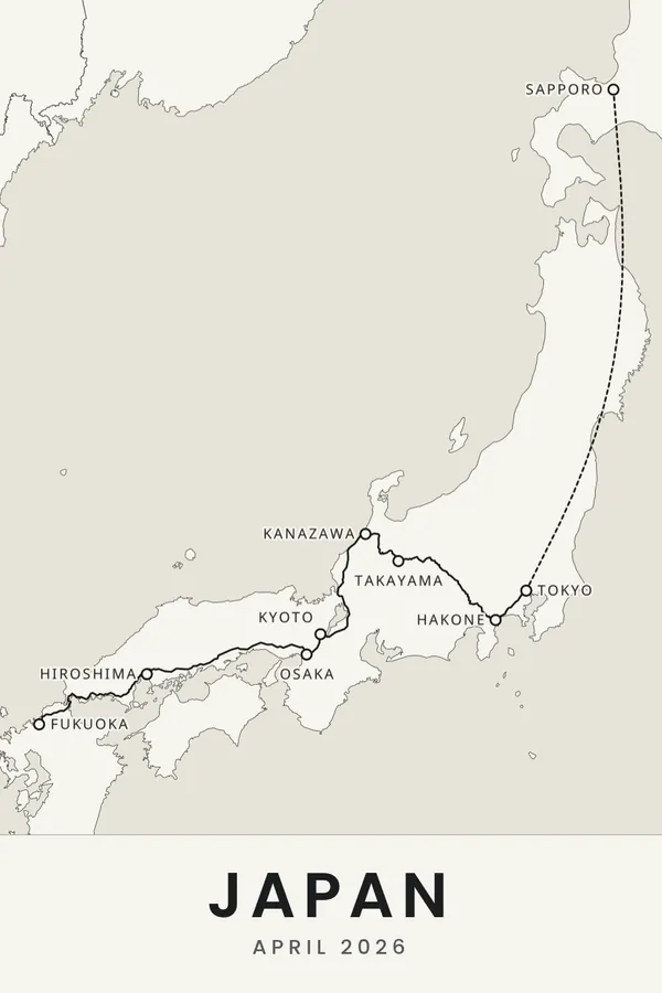 Reisposter van Japan in de stijl Lijnwerk, route van Sapporo via Tokyo en Kyoto naar Fukuoka