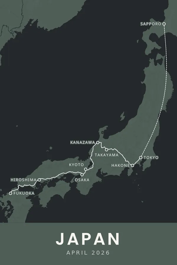 Reisposter van Japan in de stijl Reisposter, route van Sapporo via Tokyo en Kyoto naar Fukuoka