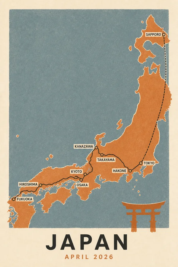 Reisposter van Japan in de stijl Zeefdruk, route van Sapporo via Tokyo en Kyoto naar Fukuoka