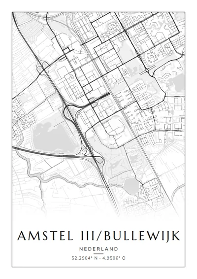 Poster van Amsterdam, de wijk Amstel III/Bullewijk, stadsposter in de stijl Zwart-wit