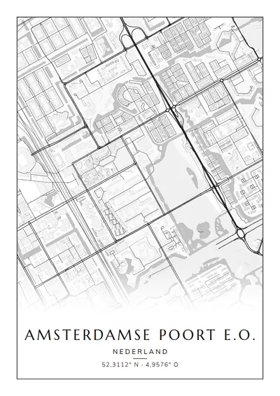 Poster van Amsterdam, de wijk Amsterdamse Poort e.o., stadsposter in de stijl Zwart-wit