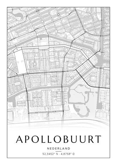 Poster van Amsterdam, de wijk Apollobuurt, stadsposter in de stijl Zwart-wit