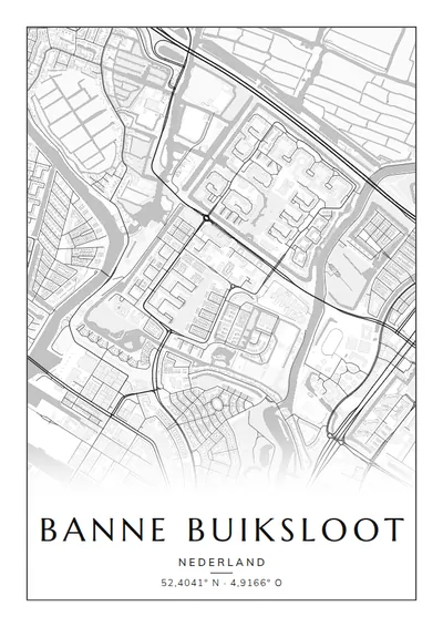 Poster van Amsterdam, de wijk Banne Buiksloot, stadsposter in de stijl Zwart-wit