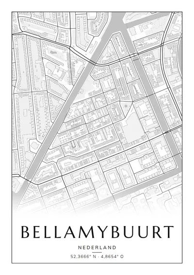 Poster van Amsterdam, de wijk Bellamybuurt, stadsposter in de stijl Zwart-wit