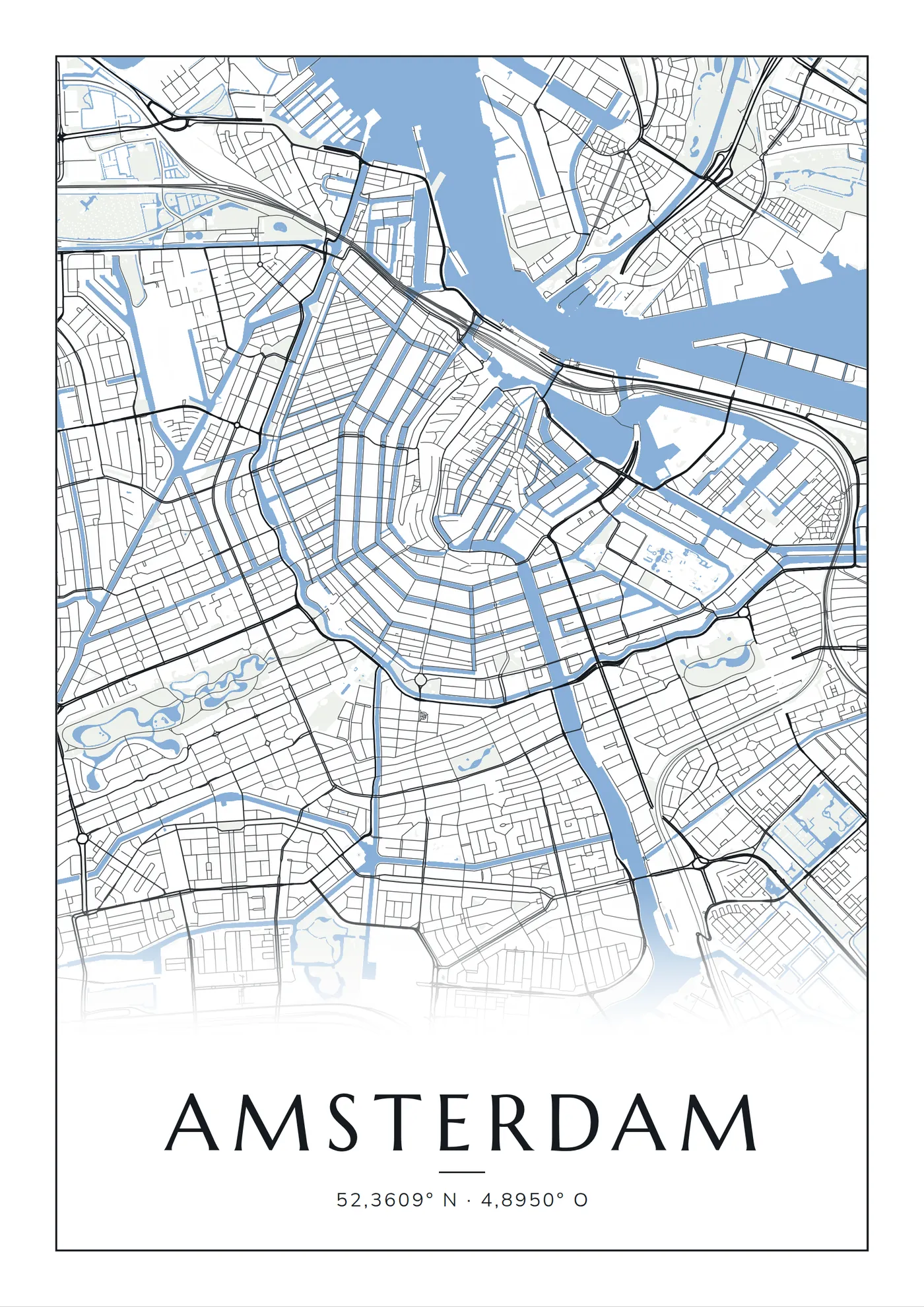 Poster van Amsterdam, de hele stad, stadsposter in de stijl Blauw water