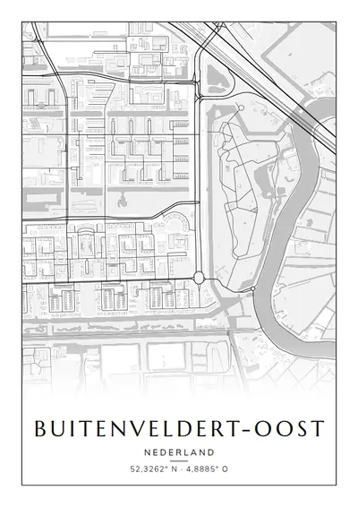 Poster van Amsterdam, de wijk Buitenveldert-Oost, stadsposter in de stijl Zwart-wit