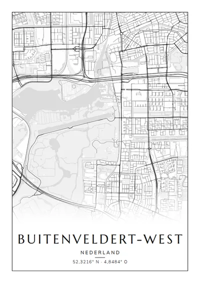 Poster van Amsterdam, de wijk Buitenveldert-West, stadsposter in de stijl Zwart-wit