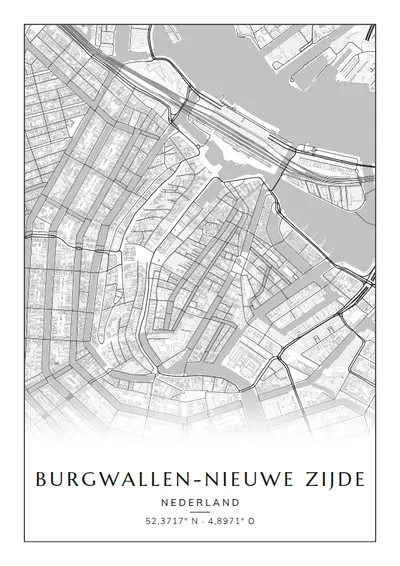 Poster van Amsterdam, de wijk Burgwallen-Nieuwe Zijde, stadsposter in de stijl Zwart-wit