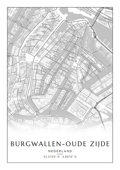Poster van Amsterdam, de wijk Burgwallen-Oude Zijde, stadsposter in de stijl Zwart-wit