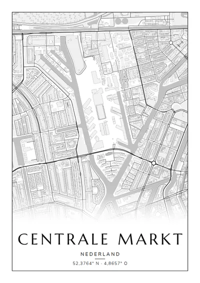 Poster van Amsterdam, de wijk Centrale Markt, stadsposter in de stijl Zwart-wit